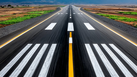 Aerial View of Desert Airport Runway with Asphalt, White Lines, and Aircraft for Journey Inspirationの素材