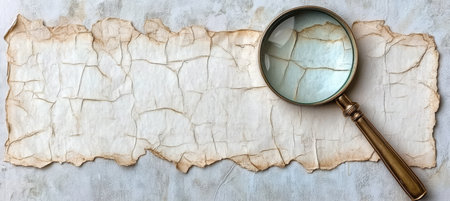 Magnifying glass revealing details of an aged paper document with vintage charm and unique textureの素材