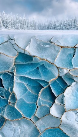 Stunning Abstract Ice Surface with Intricate Cracks and Snowy Shoreline in a Cold Winter Landscapeの素材