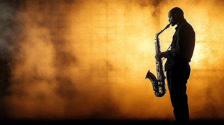 Saxophonist Enchanting the Crowd with Soulful Jazz Melodies in a Smoky Concert Atmosphereの素材