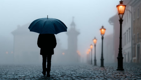 Mysterious Lone Walker Strolling on Cobblestone Pathway Amidst Autumn Fog and Street Lamp Glowの素材