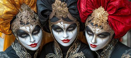 Elegant Red and Gold Venetian Carnival Masks A Captivating Display of Ornamental Beautyの素材