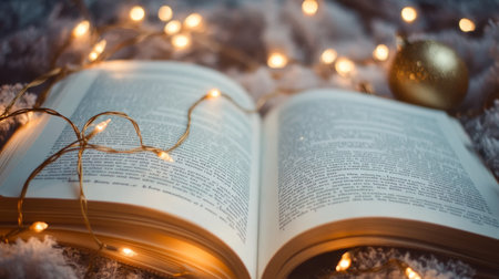 A Cozy Reading Nook with Glowing Christmas Baubles and Warm Blankets on a Fluffy Background.の素材