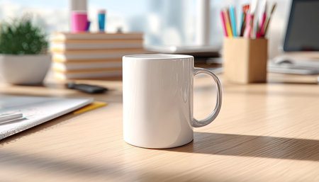 Minimalist Home Office Setup Featuring a Clean White Mug, Notepad, Pencils, and Books on Deskの素材