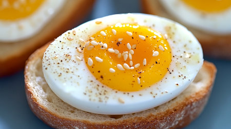 Close-Up of a Delicious Soft-Boiled Egg Toast Garnished with Crunchy Sesame Seeds for Breakfastの素材