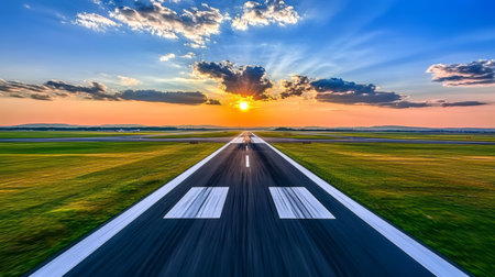 A peaceful airport runway stretching into the horizon, symbolizing adventure and new beginnings.の素材