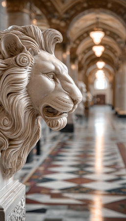 Elegant Carved Marble Lion Statue in Grand Hallway, Symbolizing Strength and Architectural Beautyの素材