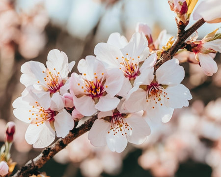 Delicate Spring Beauty Blossoming Orchard Trees Adorned with Colorful Flowers in Soft Lightの素材