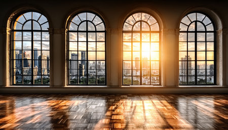 Stunning Architectural Splendor Featuring Arched Windows and a Glorious Sunset Over the City Skylineの素材
