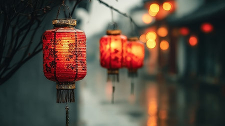 Vibrant Red Chinese Lanterns Illuminate Ancient Streets, Celebrating Festivals and Cultural Richnessの素材