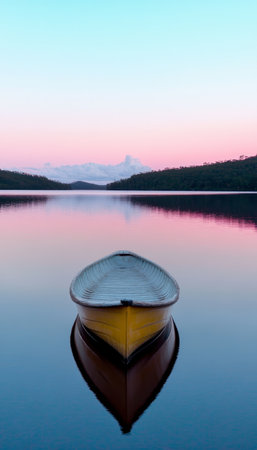 Tranquil Yellow Boat on Serene Lake at Twilight, Capturing the Essence of Nature s Stillnessの素材