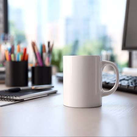 Elegant Clean White Mug Displayed on a Light Wooden Desk, Perfect for Mockup in Modern Workspaceの素材