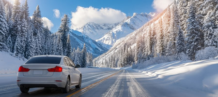 Car Driving on a Snowy Mountain Road in Winter, Surrounded by Majestic Peaks and Evergreen Treesの素材