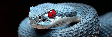 Close-Up of a Colorful Snake with Intricate Scales and Striking Red Eyes on a Neutral Backgroundの素材