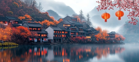 Serene View of Cherry Blossom Trees with Red Lanterns Overlooking a Tranquil Chinese Lake at Duskの素材