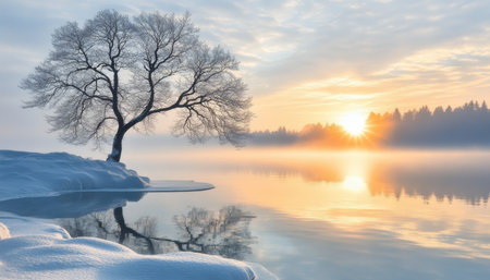 Beautiful winter sunrise over a frozen lake surrounded by peaceful snow-covered treesの素材