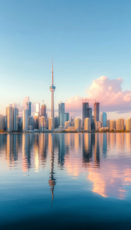 Stunning City Skyline Reflected in Tranquil Waters at Dusk, Showcasing Urban Beauty and Serenityの素材