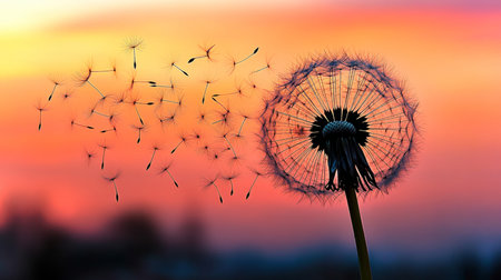 Golden Sunset Over a Meadow with Dandelion Seeds Blowing in the Breeze, Creating a Magical Momentの素材