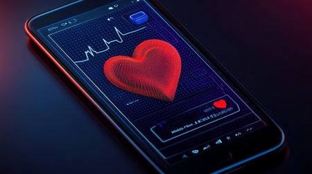 Futuristic Smartphone Displaying Heart Monitor Data Application with Medical Design Elementsの素材