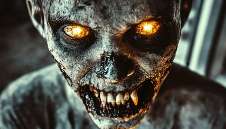 Chilling Scene of a Malevolent Zombified Figure with Glowing Eyes Haunting the Dark Forest at Nightの素材