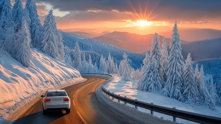 Stunning Silver Car Driving on a Scenic Mountain Road During a Breathtaking Winter Sunsetの素材