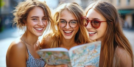 Excited Female Tourists Exploring a City, Enjoying New Adventures and Fun Activities Togetherの素材