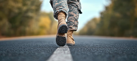 Soldier in Camouflage Fatigue Apparel and Military Boots Walking on Isolated Path in Natureの素材