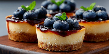 Miniature Cheesecakes with Fresh Blueberries, Creamy Layer, and Sweet Glaze for a Delightful Treatの素材