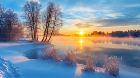 Serene Winter Landscape with a Calm Alpine Lake and Ice-Covered Trees at Dawn Reflecting Cloudsの素材
