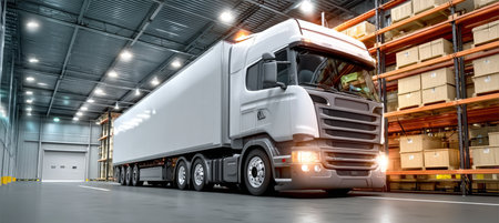 Cargo Transport Logistics and Distribution Warehouse with Freight Truck Ready for Shipping Goodsの素材