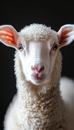 Charming Close-Up of a Woolly Sheep with Expressive Face and Soft Curly Fur Capturing Innocenceの素材