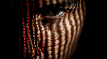 Hacker s Face in Binary Code Visualizing Cybersecurity Innovations and Data Encryption Techniquesの素材