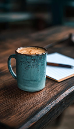 Cozy Workspace with Warm Coffee Mug on Rustic Table Inspiring Journal and Creative Work Ideasの素材