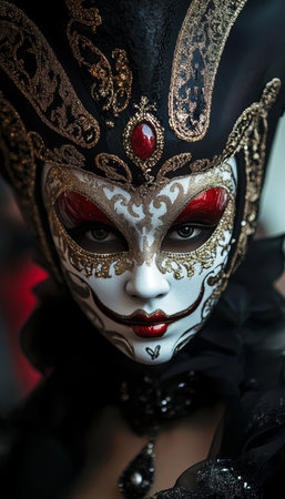 A Mysterious Woman in a Gold Venetian Masquerade Mask Surrounded by Festive Holiday Glamourの素材