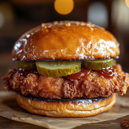 Delicious All American Crispy Fried Chicken Sandwich Served on a Brioche Bun with Tangy Picklesの素材