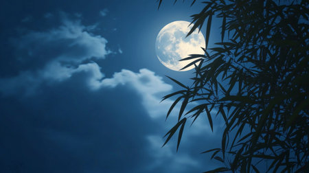 Enchanting Night Scene with Full Moon Illuminating Bamboo Leaves Against a Dramatic Bluish Skyの素材