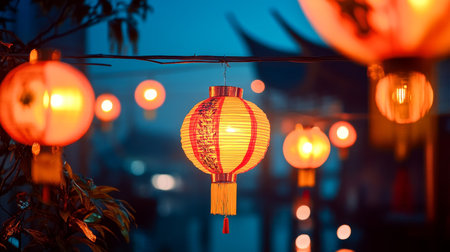 Vibrant Red Chinese Lanterns Glowing Brightly During Festive Celebration Under the Night Skyの素材