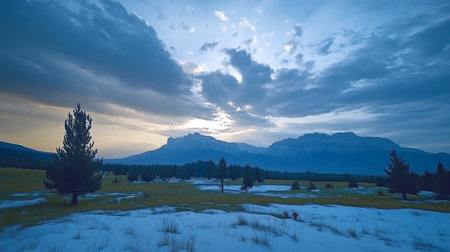 Stunning winter landscape of a snowy meadow, evergreen trees, and majestic mountains under cloudsの素材