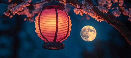 Chinese Style Lantern Hanging from Branch Under Full Moon, Illuminating Spring Festival Night Beautyの素材