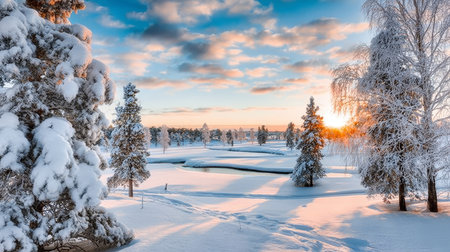 Stunning Scandinavian Winter Landscape at Sunset with Snow-Covered Trees and Long Shadows Over Snowの素材