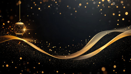 Elegant Abstract Background Featuring Dark Backdrop with Shiny Golden Ribbon and Sparkling Particlesの素材