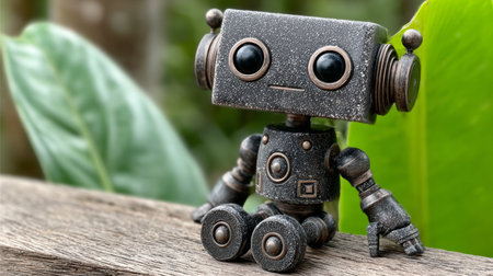 A small metallic robot in a tranquil pose among lush greenery, sparking creativity and imagination.の素材