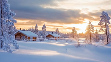 Winter Landscape with Scandinavian Cabin Retreat at Sunset, Snowy Cottages and Frozen Trees Sceneの素材