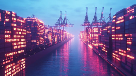Futuristic Cybernetic Maritime Trade Hub at Dusk, Illuminated by Binary Code and Advanced Logisticsの素材