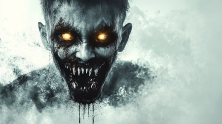 Terrifying Zombie with Glowing Eyes and Sharp Teeth Emerges from Darkness for Halloween Horror Themeの素材