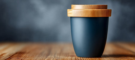 Dark Blue Portable Mug with Bamboo Lid on Wooden Parquet, Promoting Sustainable Eco-Friendly Livingの素材
