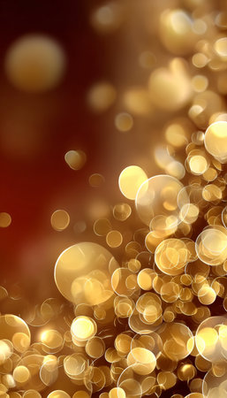 Beautiful Golden Bokeh on Warm Gradient Background, Abstract Design with Luminous Spheres and Lightsの素材