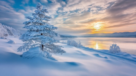 A Serene Nordic Sunset Landscape with Snow-Covered Trees and Watercolor Clouds in the Skyの素材