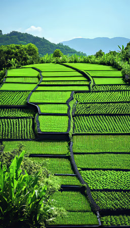Breathtaking Aerial View of Lush Green Terrace Fields in Mountainous Rural Landscape with Paddyの素材