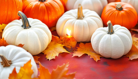 Autumn Still Life with White and Orange Pumpkins, Colorful Leaves, and Warm Candlelight Glow.の素材